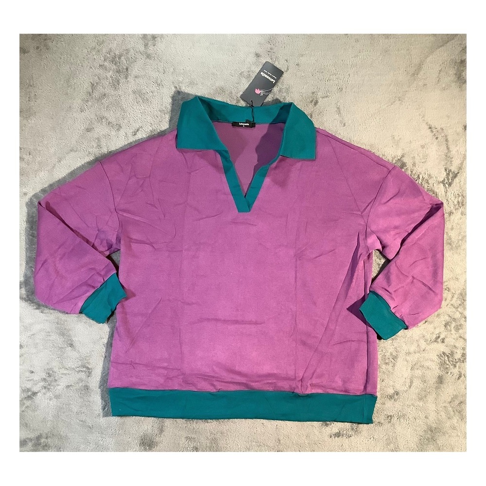 Lotusmile Women's XL Pullover Top Purple Teal Colorblock Retro Polo V-Neck‎ NWT